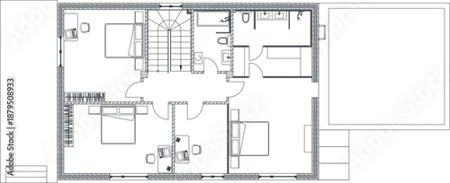 Technical vector of a modern residential upper floor plan, featuring a large master bedroom with study area, two additional bedrooms, a central staircase, and a spacious bathroom.