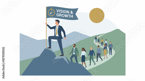 Businessman leading a team towards a bright future of vision and growth, symbolizing success and ambition