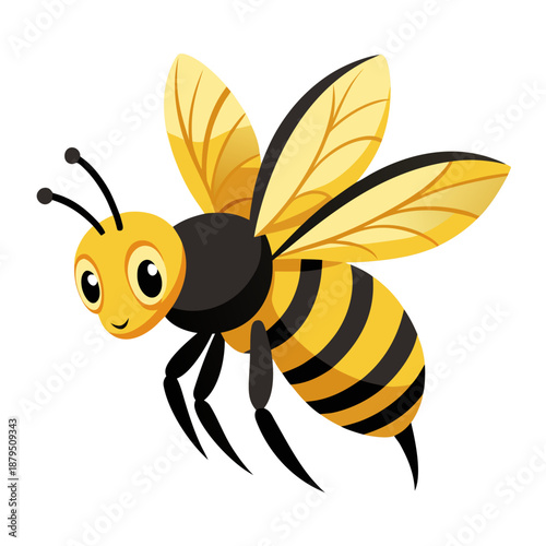 Friendly cartoon bee character flying on white background