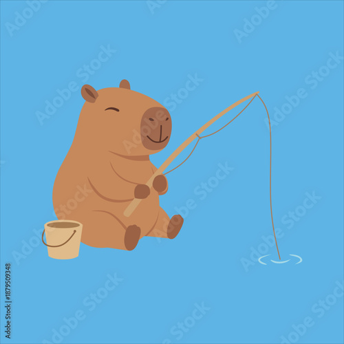 Capybara fishing on blue background