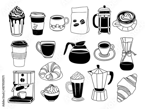 Set of hand drawn coffee cups, brewing tools, pastries, and cafe items in black and white minimalist style. Vector illustration isolated on transparent background