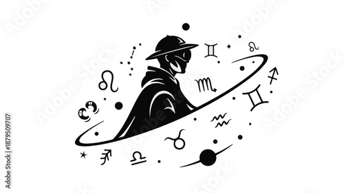 Mysterious figure in silhouette surrounded by zodiac signs and cosmic elements, representing astrology and destiny.