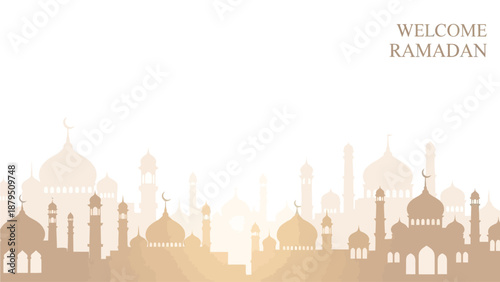 A warm-toned silhouette of a city skyline with mosques and buildings against a white background, welcoming Ramadan with a golden glow.