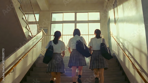 教室へ向かう3人の女子高生の後ろ姿　希望に満ちた朝または夕暮れの学校 Rear view of high school friends with bags going up the stairs together in school.