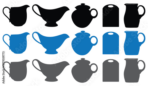 Collection of kitchenware silhouettes in black, blue, and grey for design projects