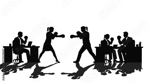 Business rivals in boxing stance facing off in office competition