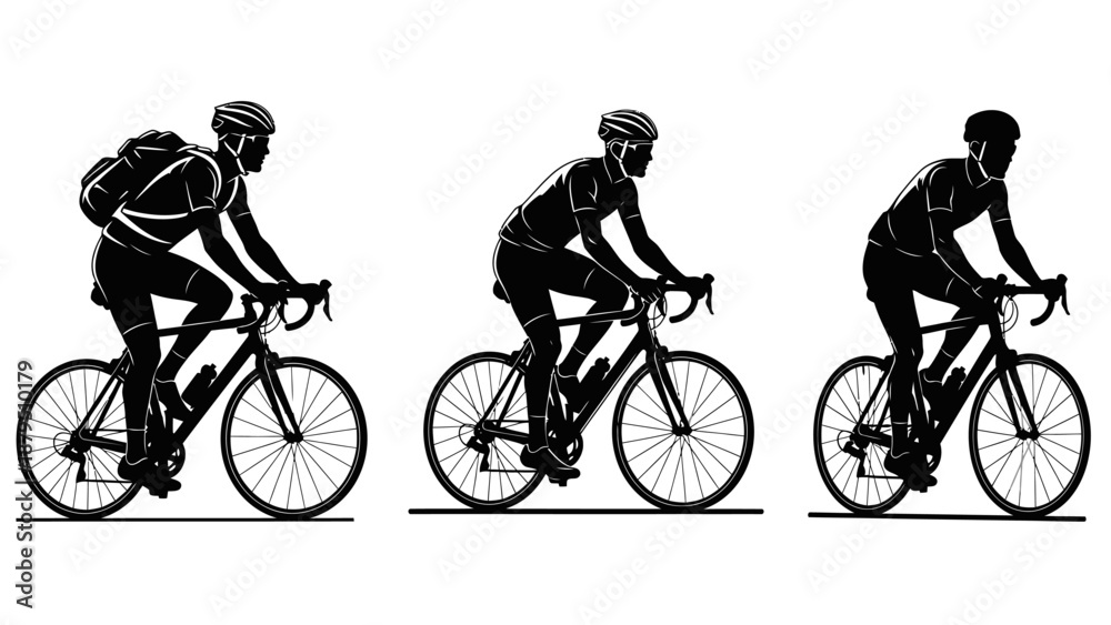 Fototapeta premium Silhouettes of Cyclists on Bicycles with Helmets and Backpacks in Motion