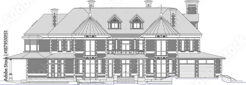 Technical vector of a grand luxury mansion's main front elevation, featuring a symmetrical neoclassical design, triple prominent gables, detailed masonry, and an integrated three-car garage.