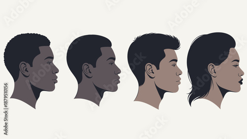 Diverse Male and Female Faces in Profile View, Representing Various Ethnicities and Styles