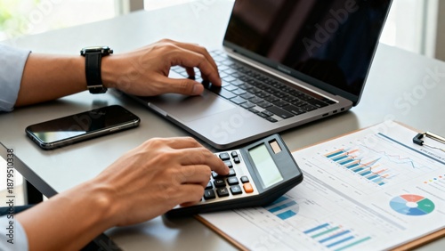 Wallpaper Mural Person working with laptop calculator and charts Torontodigital.ca