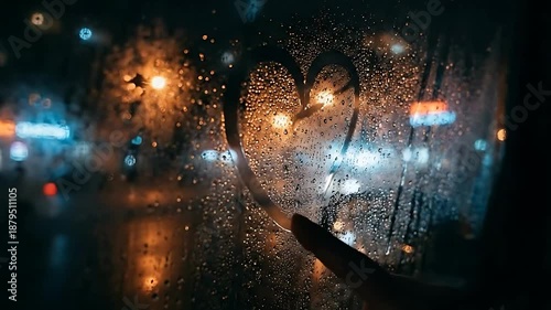Finger Drawing Heart Shape on Foggy Glass Window at Rainy Night City Background