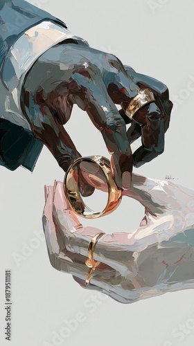 Hands Exchanging Wedding Rings in Artistic Style Illustration