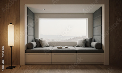 Splayed Window Seat. A deep window seat with splayed sides to widen view, filmed from cushion height 50mm. Diffuse daylight