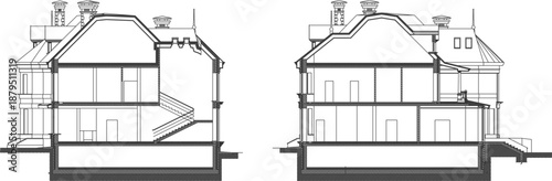 Technical vector illustration of dual architectural cross-sections, showing interior staircase design, multi-level living spaces, and detailed basement foundation.