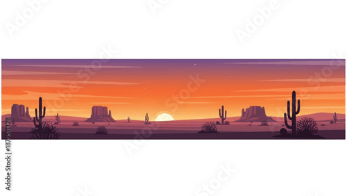 Panoramic view of a desert landscape at sunset with silhouetted cacti and rock formations against a vibrant orange and purple sky.