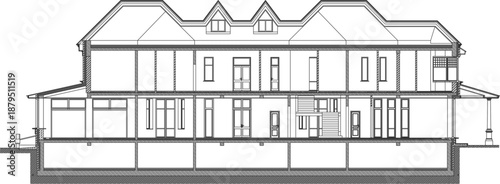 Technical vector of a long architectural cross-section of a luxury mansion, showing basement foundation, multiple rooms, interior doors, and complex roof structures.