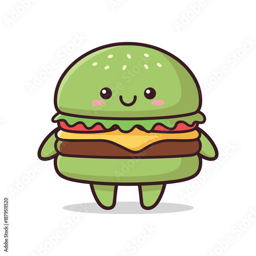Cartoon Green Burger Character with Smiling Face