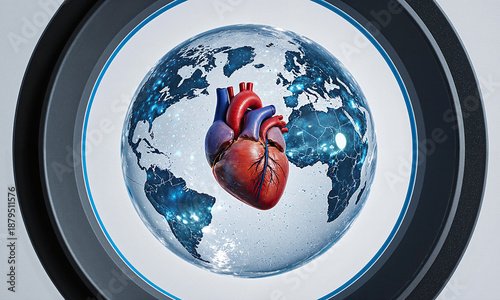 A colossal heart beating inside a transparent globe of clean water, wide telephoto angle with glowing refractions, symbolic compassion sustaining