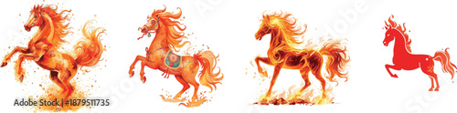 Watercolor set fire Horse Vector Image for Chinese New Year. Isolated on white background 