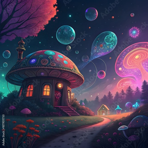 Enchanted Mushroom House: A vibrant scene unfolds as a whimsical mushroom house stands amidst a magical landscape, surrounded by colorful bubbles and ethereal trees.
