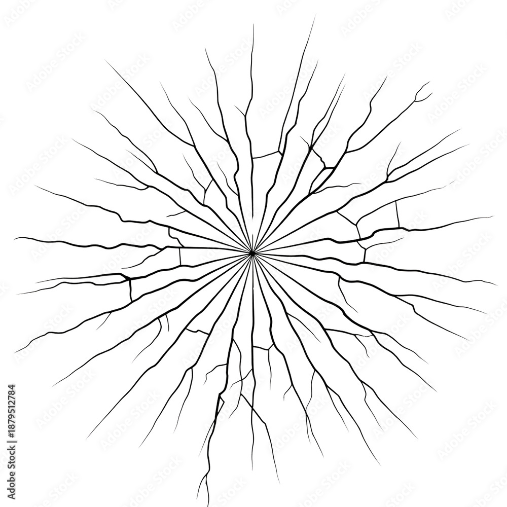 Obraz premium Radial Crack Pattern with Black Spreading Lines from a Central Impact Point, Representing Shattered Glass or Ice Texture on White