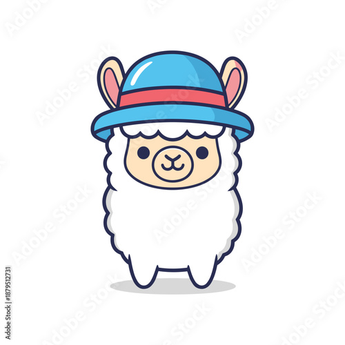 Adorable Cartoon Alpaca Wearing Blue Hat with Red Band