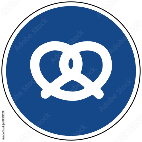 Bäckerei und Brezel Symbol blaues rundes Schild Backwaren Imbiss Gebäck bayrische Spezialität Lebensmittel Gastronomie Frühstück Brotzeit Handwerk Teigwaren Snack Genuss Essen Vektor