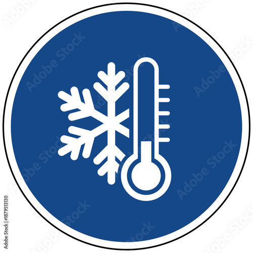 Kälte und Frost Temperatur Symbol blaues rundes Schild mit Schneeflocke und Thermometer Winter Kühlung Gefrierpunkt Klima Wetter Lagerung Gefrierschrank Klimaanlage Eis Saison Vektor