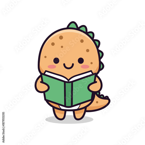 Cute cartoon dinosaur reading a book with a happy expression