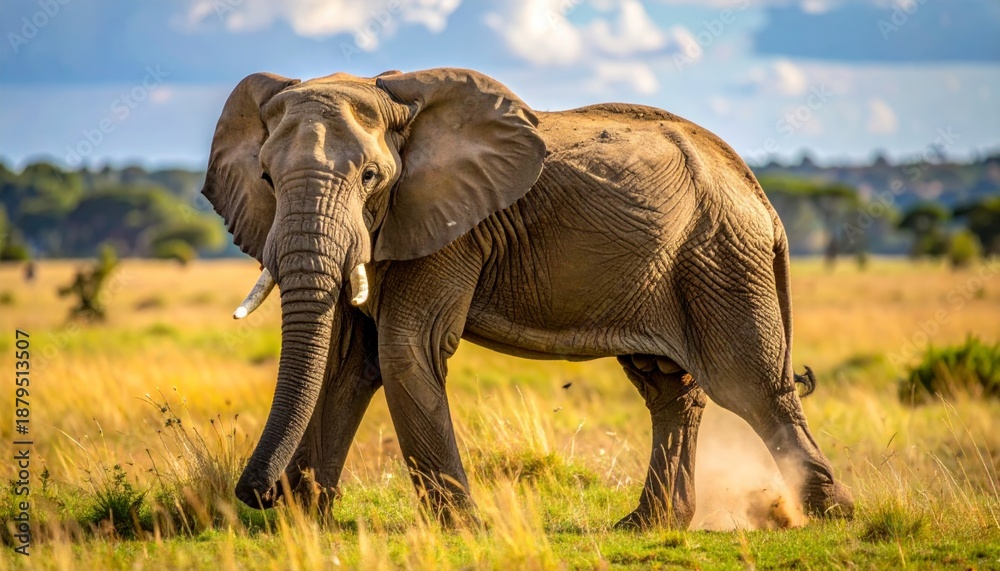 Fototapeta premium African elephant walking in a grassy savannah on a sunny day.
