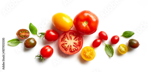 Wallpaper Mural Image 1 – Title (≈175 characters)
Vibrant Assorted Tomatoes on White Background – Fresh Red, Yellow and Orange Heirloom Cherry and Grape Tomatoes with Basil Leaves, Healthy Organic Summer Harvest Cook Torontodigital.ca