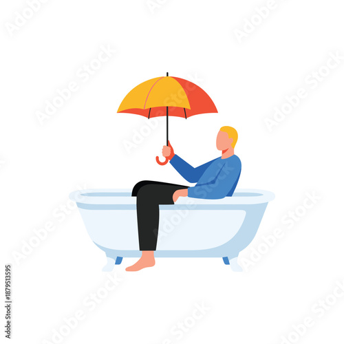 Man sitting in bathtub holding colorful umbrella
