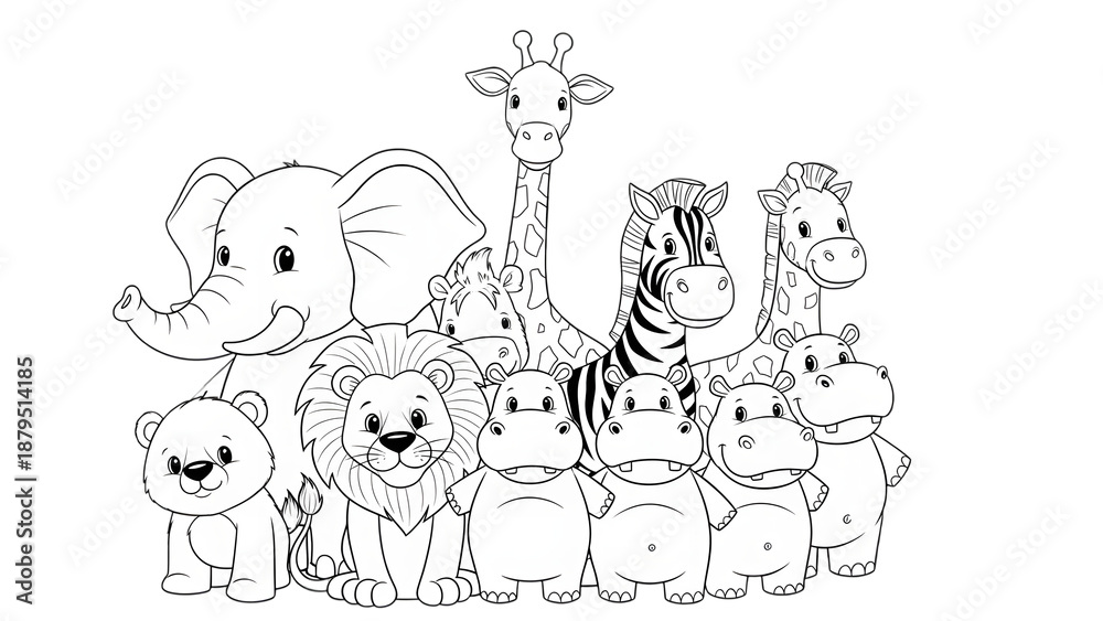 Naklejka premium Cute safari and zoo animals coloring book page illustration for kids featuring elephant, lion, giraffe, and zebra