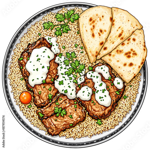 A plate of grilled meat with rice, flatbread, and a dollop of sauce, garnished with parsley.
