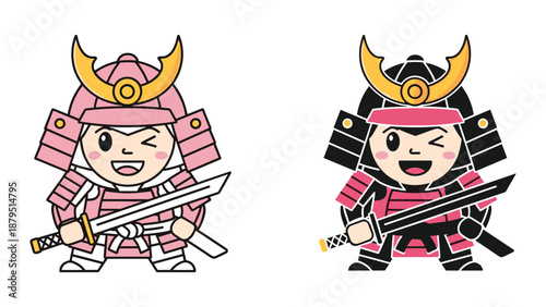 Cute cartoon samurai characters with swords and armor