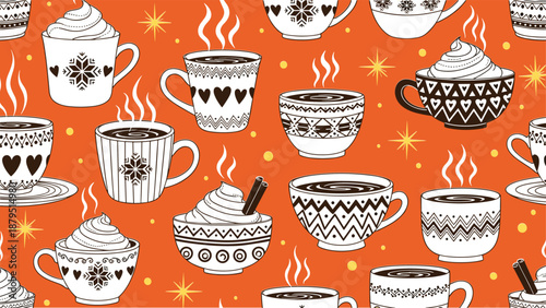 Seamless Pattern with Hand Drawn Coffee Mugs Hot Chocolate Cups and Whipped Cream on Orange Background for Winter Seasonal Textile Design