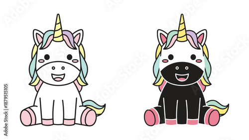 Cute cartoon unicorns sitting together on white background