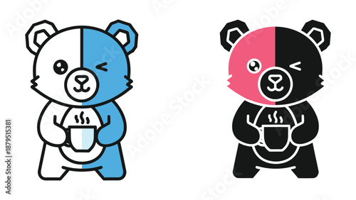 Cartoon bear character holding coffee cup