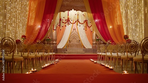 Elegant wedding stage with red and gold drapery, floral arrangements and ceremonial seating.