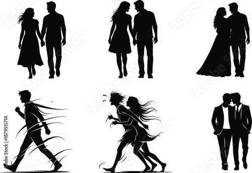 Couple silhouette set showing romantic men and women walking together, hugging, and emotional moments in elegant minimalist black styles