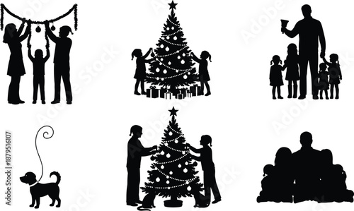 Christmas Family Silhouette Scenes Decorating Tree and Gifts vector illustration