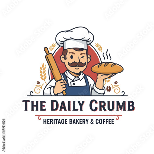 Baker Holding Rolling Pin and Bread.