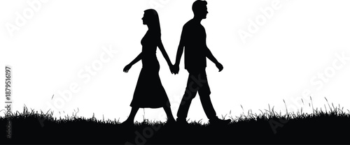 Couple silhouette walking hand in hand across grass landscape, romantic man and woman together isolated on white background