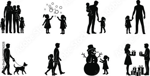 Diverse Family and Holiday Silhouettes Showing Relationships and Activities people children
