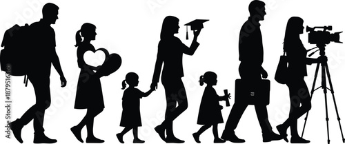 Diverse Family and Professional Silhouettes Representing Life Stages and Careers on a White Background