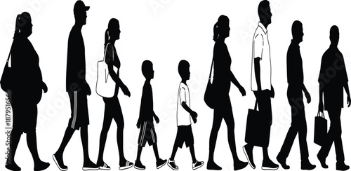Diverse group of people walking in a line silhouette against a white background vector illustration