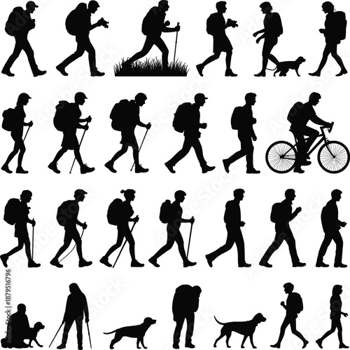 Diverse Silhouettes of Hikers Backpackers Cyclists and Dogs in Motion on White Background walking