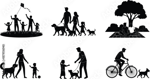 Family Activities Silhouettes in Park and Outdoors vector illustration