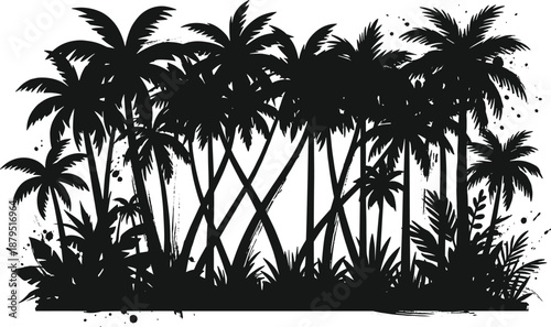 Dense tropical palm tree jungle silhouette with layered foliage and grunge ink splatter, dramatic black nature illustration isolated on white background