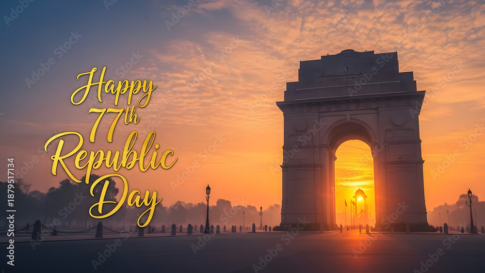 Fototapeta premium Golden Sunset at India Gate with Happy 77th Republic Day Greeting Text and Vibrant Sunrays
